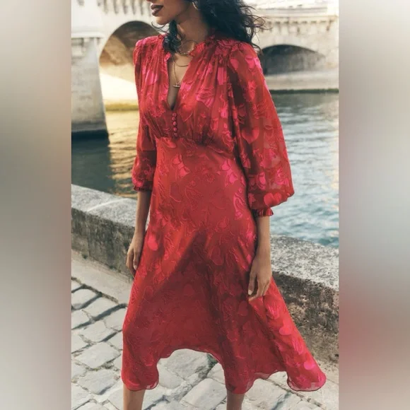 Boden Cassie Devore Midi Tea Dress
Pink Red Heart Dove modest Long Sleeve 2 - Picture 6 of 13